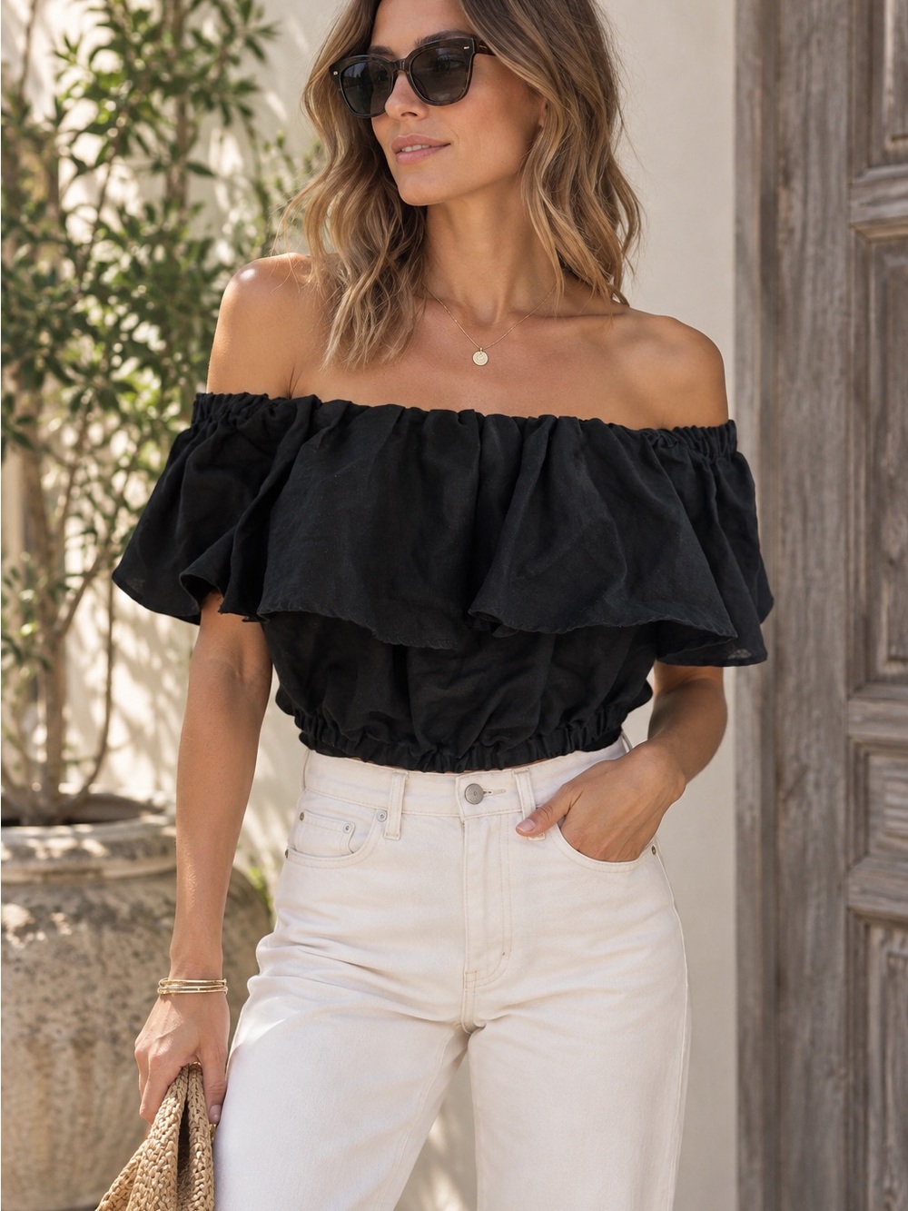 Banana Republic Black Off-Shoulder Ruffle Crop Top